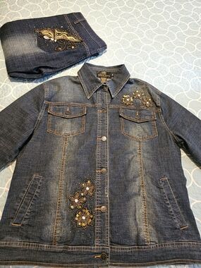 Amanda Adams Couture Dark Wash Denim Jeans & Matching Jacket - Embroidered